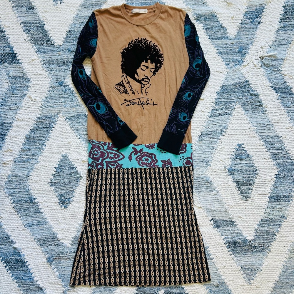 Long-Sleeve Graphic Shirt Dress Up-Cycle - Tan with Brown Jimi Hendrix Flock